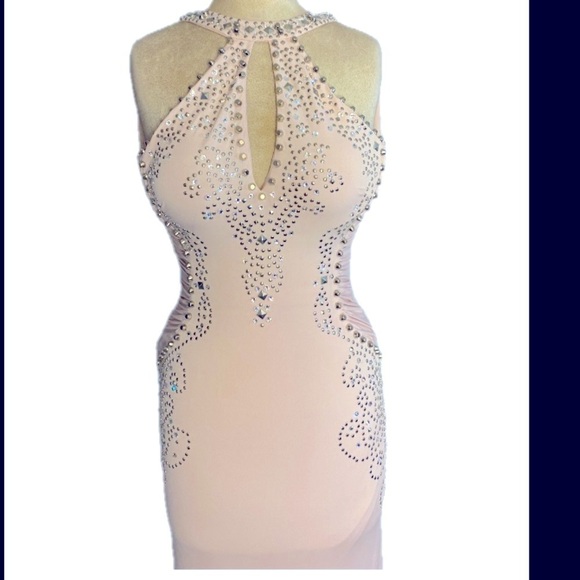 JOVANI ORIGINAL HANDMADE PINK&SILVER STUDDED RHINESTONES COUTURE LINE - Picture 7 of 16